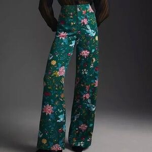 Anthropologie Maeve Wide Leg Trouser Pant Green Floral Bird Print 10